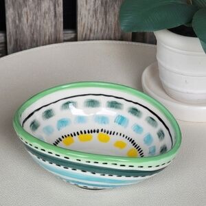 Anthropologie Handcrafted Oval Ceramic Bowl with Green, Blue & Yellow Accents